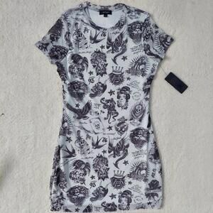 Y2k Ed Hardy Flashboard Mesh Tattoo T-shirt Bodycon Dress Womens Medium NWT